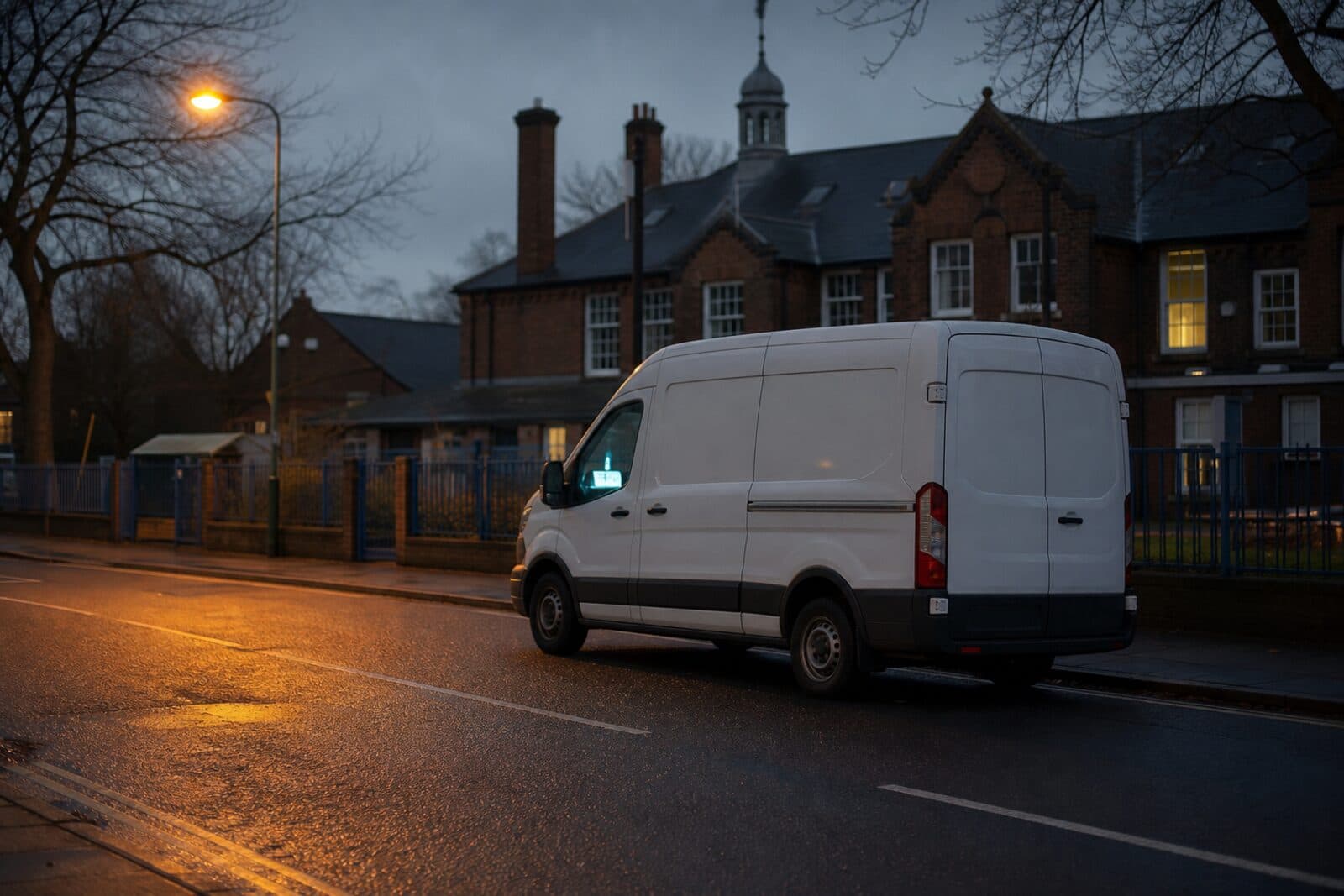 A contractor's van parked outside a school at dusk
