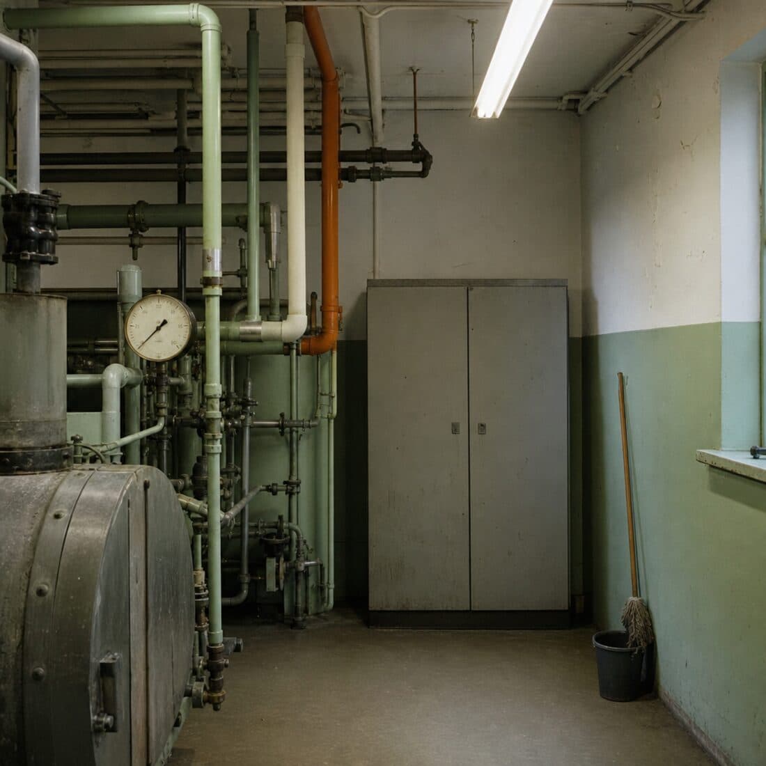 A school plant room: painted pipework, a pressure gauge, a mop and bucket